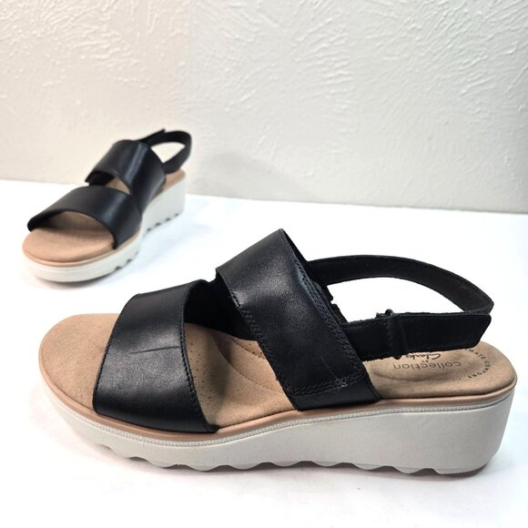 Clarks Comfort Platform Sandasl Leather Black Open Toe Casual Wedge Size 9.5 - Picture 1 of 12
